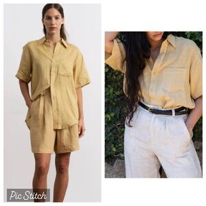 OZMA Marlowe Linen Short Sleeve Button Up Shirt - Hay (Golden Yellow)